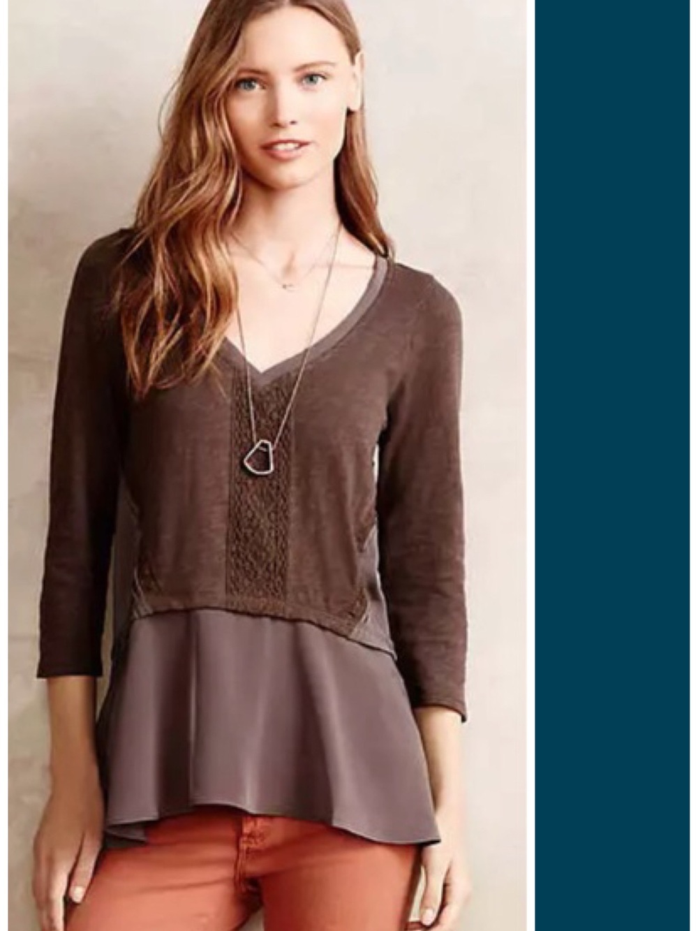 Anthropologie Meadow Rue Melia Peplum Top in Brown / Green S EUC Slub Lace